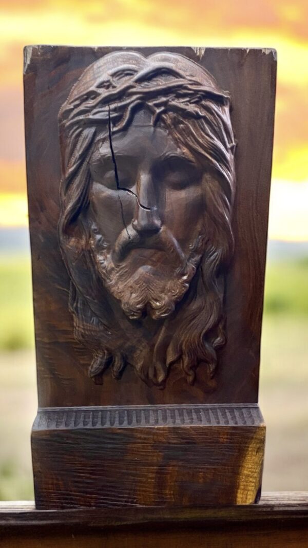 Black Walnut Carving of Jesus with Crown of Thorns and Celtic Cross - Image 2