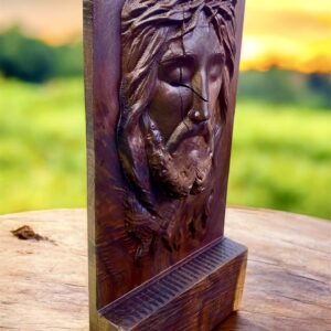 Black Walnut Carving of Jesus with Crown of Thorns and Celtic Cross