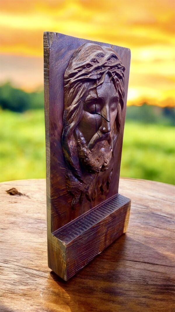 Black Walnut Carving of Jesus with Crown of Thorns and Celtic Cross