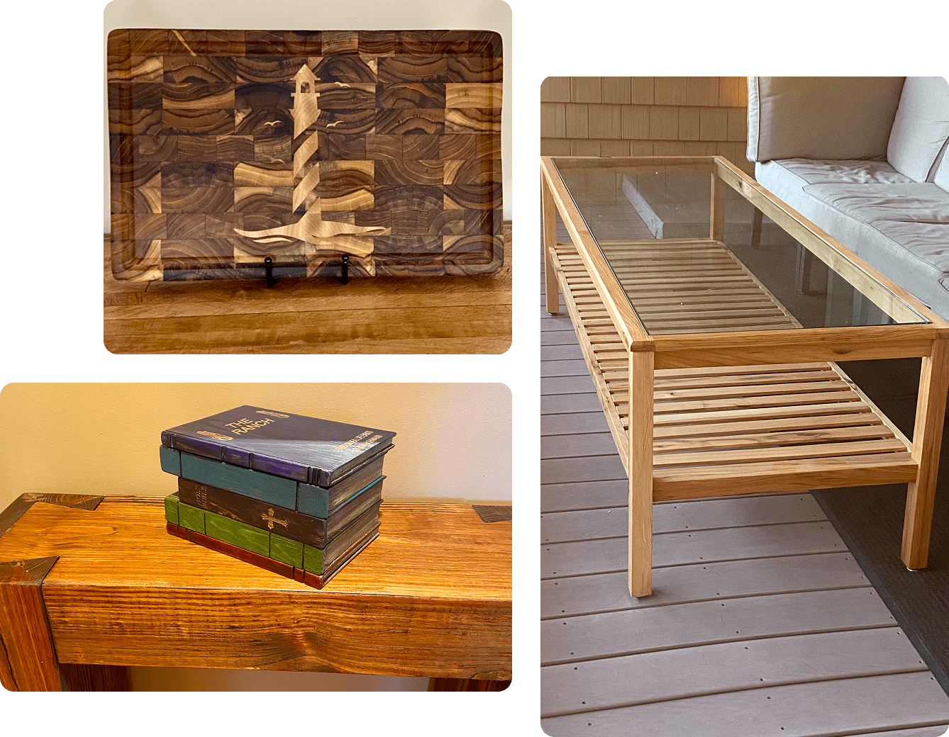 Wooden furniture with books and cutting board.