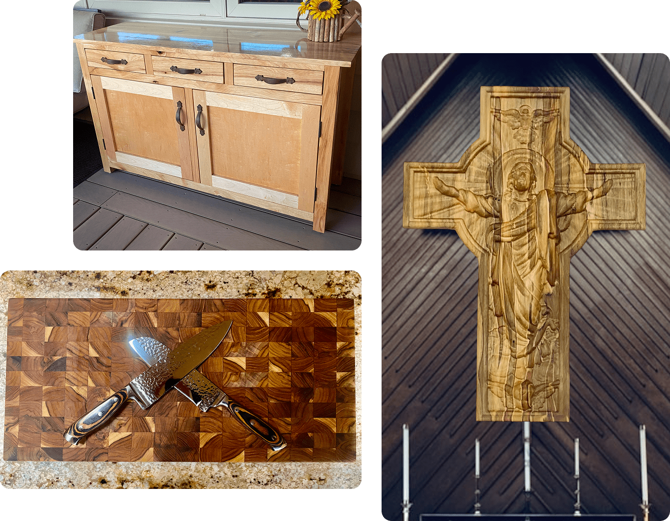 Wooden sideboard, carving board, and decorative cross.